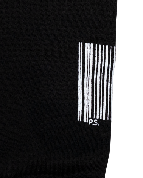 Extreme close up of partial UPC barcode sleeve print with PS text