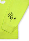 Close up of sleeve of Thats so freaking dope neon sweatshirt crew. screen print signature black